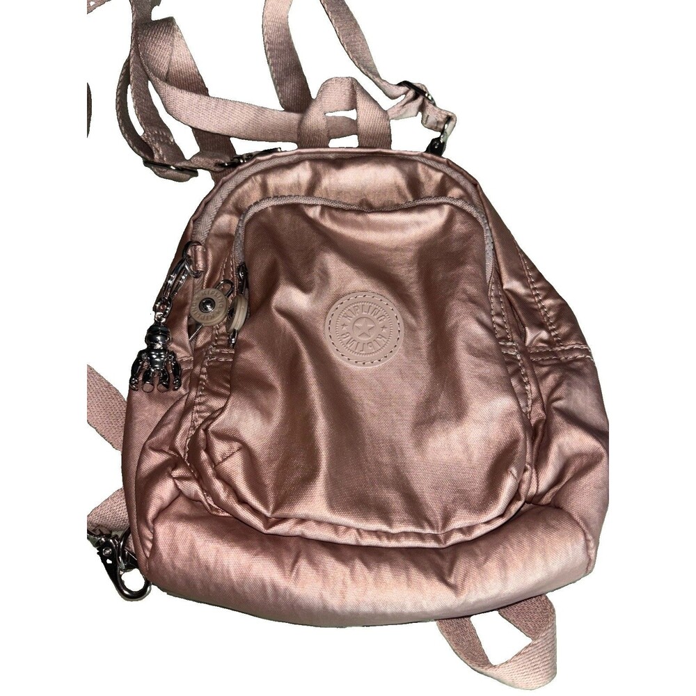 Authentic Kipling Metallic Rose Gold Mini Backpack & Sliver Monkey Charm